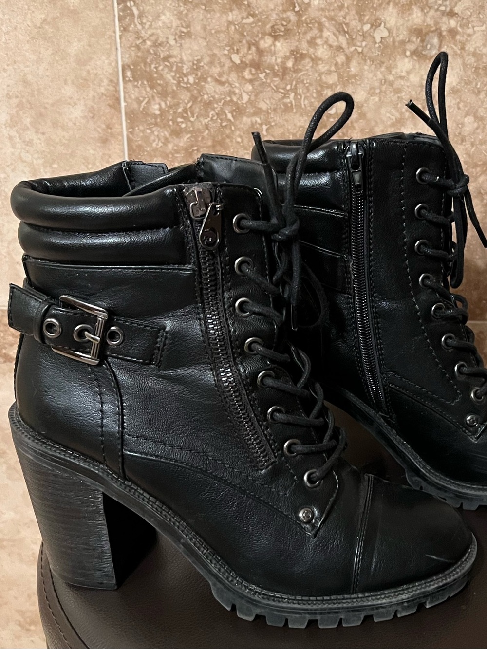 Black Lace-Up Chunky Heel Ankle Boots